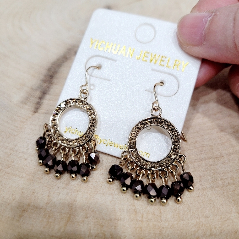 Brand New Boho Style Gold Tone Brown Beads Earrings